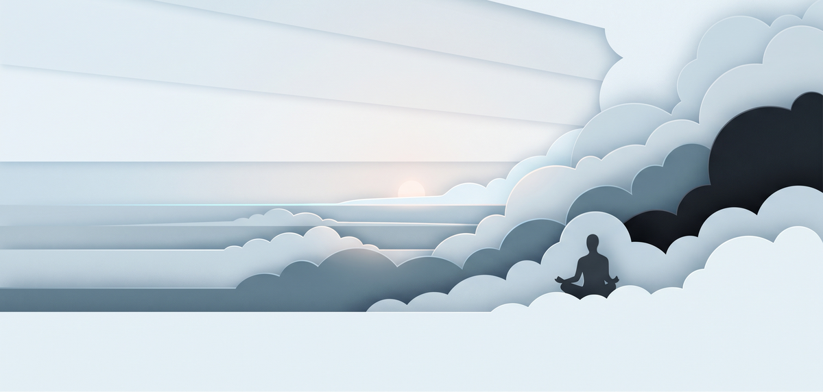 Een wolkenlandschap van papier bij zonsopkomst, met een figuur in kleermakerszit