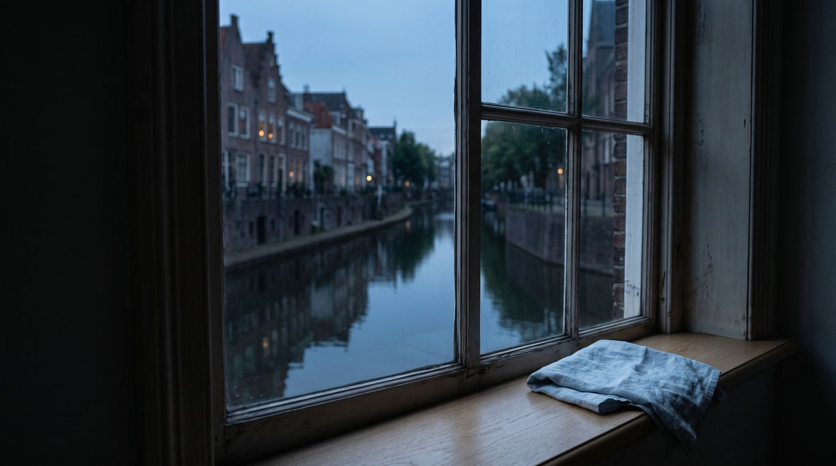Een Nederlandse gracht in het blauwe uur, gezien vanuit een raam